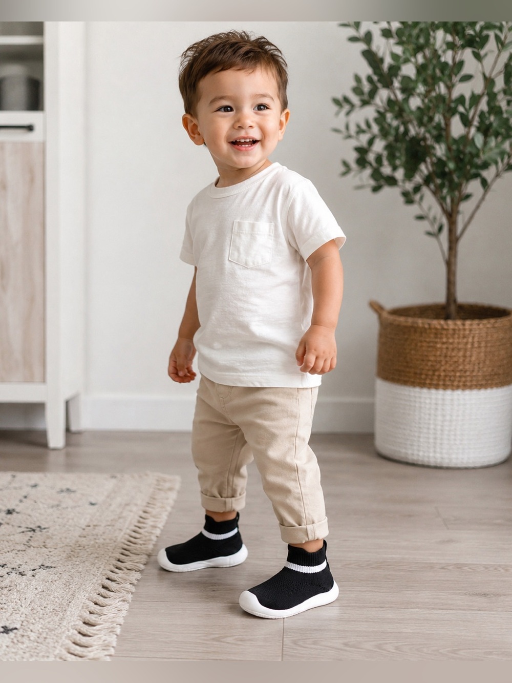 Toddler Sock Sneakers Black & White Slip-On Knit Walking Shoes Rubber Soles
